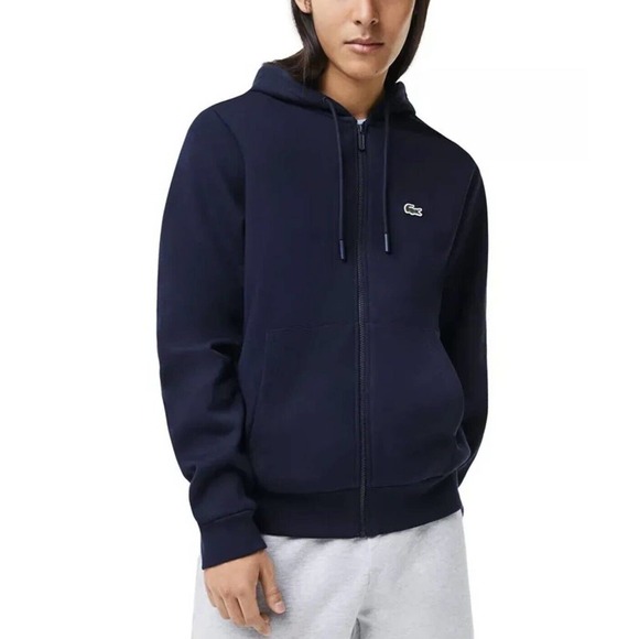 Men's Lacoste Classic Fit Navy Kangaroo Pocket Fleece Hoodie Sweatshirt 2XL XL - Picture 1 of 6